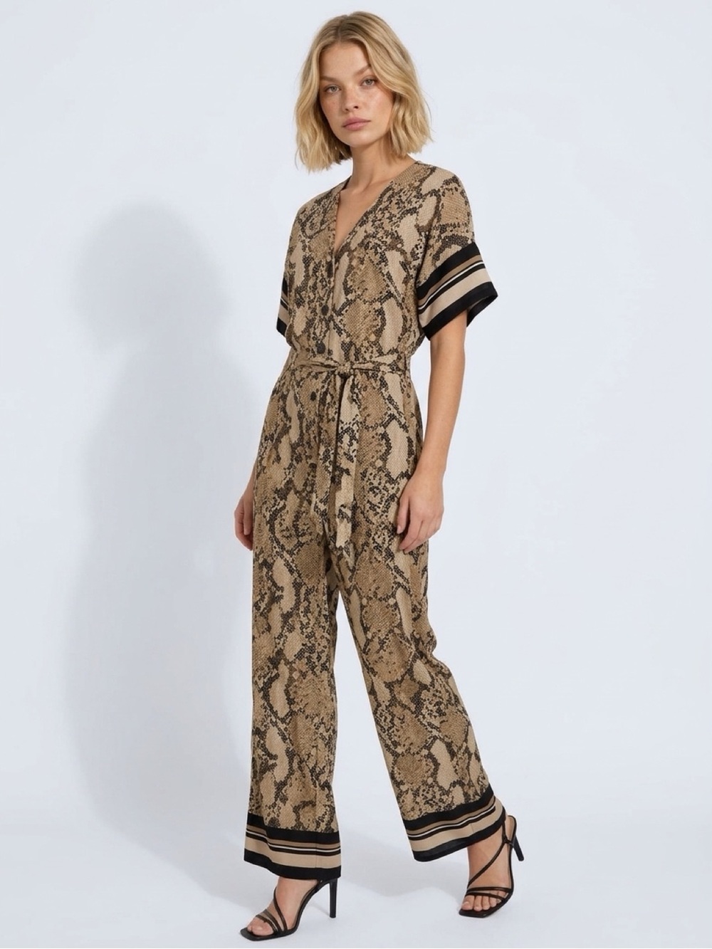 H&M Snake-Print Tie-Waist Jumpsuit in Tan and Black
